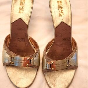Michael Kors Gold Slide Sandals with Metallic Buckle